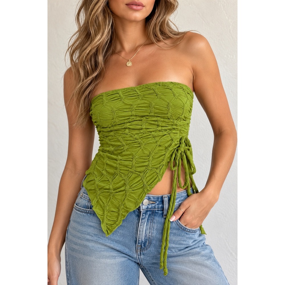 See You Monday Y2K Green Ruched Asymmetrical Tube Top Size S grunge Handkerchief